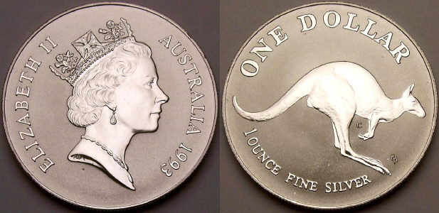 Picture of a 1 ounce Australian 1993 silver Kangaroo 1 Dollar