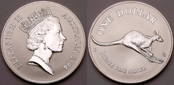 Picture of a 1 ounce Australian 1994 silver Kangaroo 1 Dollar