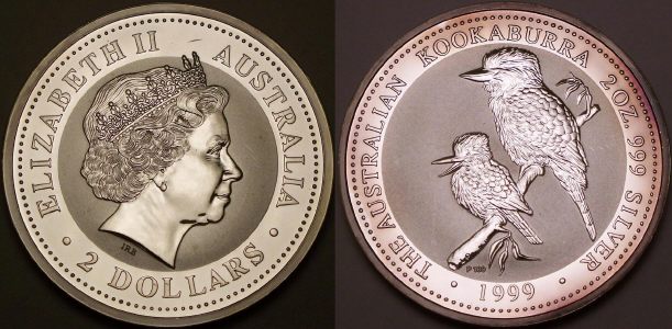Picture of an Australian proof 1999 2 ounce silver 2 Dollar Kookaburra from lainson.eu