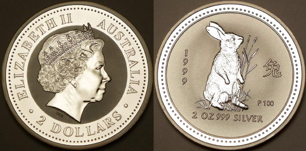 Picture of an Australian 1999 2 ounce silver 2 Dollar Lunar Rabbit from lainson.eu