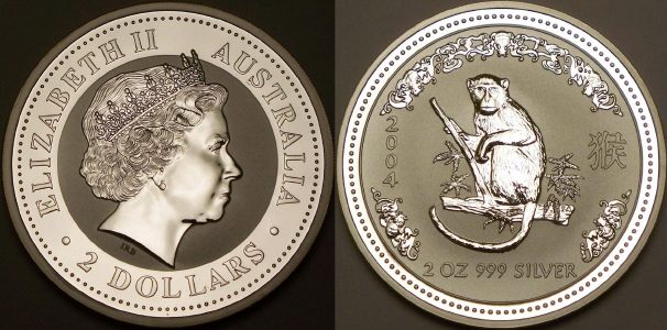 Picture of an Australian 2004 2 ounce silver 2 Dollar Lunar monkey from lainson.eu