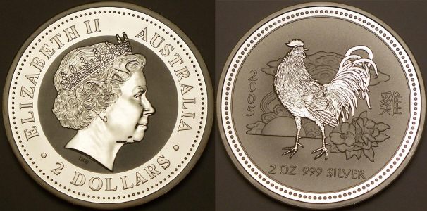 Picture of an Australian 2005 2 ounce silver 2 Dollar Lunar rooster from lainson.eu