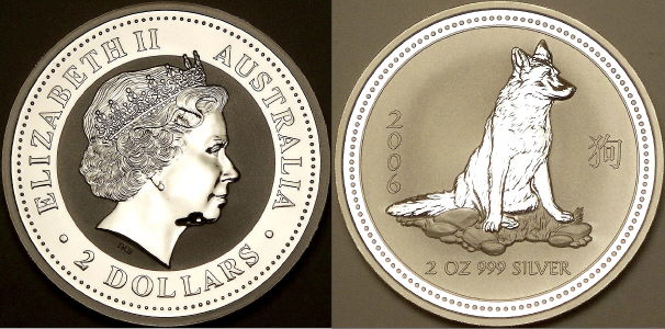 Picture of an Australian 2006 2 ounce silver 2 Dollar Lunar dog from lainson.eu