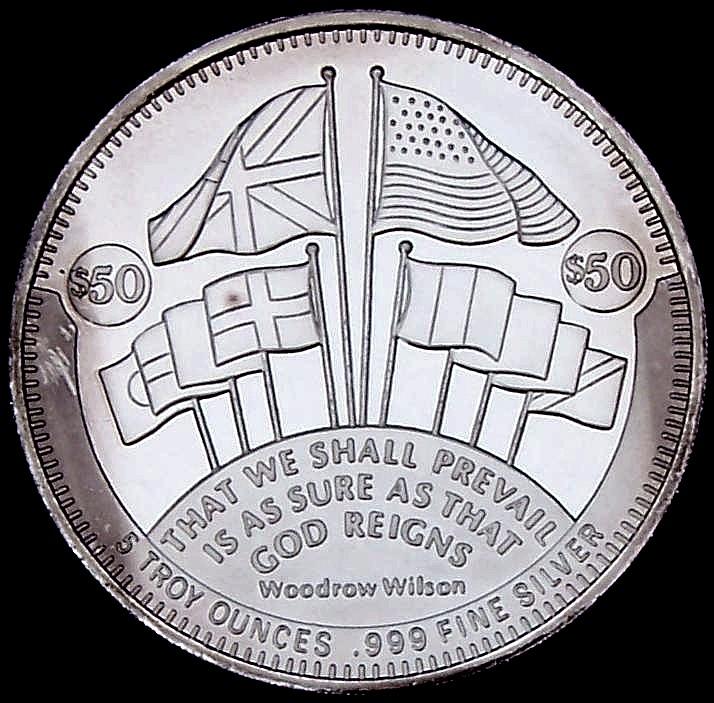 Ingot image of obverse of a 5 ounces solid .999 silver American Liberty Fleet