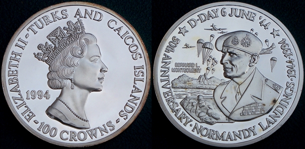 Coin image of 5 ounces silver Turks and Caicos islands General Montgomery 50th anniversary d-day landings 100 crowns 1994 from www.lainson.eu