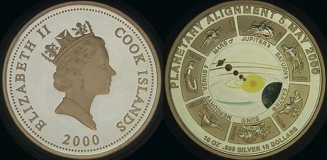 Coin image of a 10 ounce silver Cook islands interplanetary alignment 10 Dollars 2000