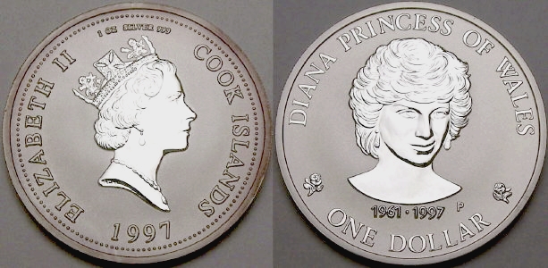 Picture of a 1 ounce silver Cook Islands Princess Diana (Lady Di) 1 Dollar 1997 