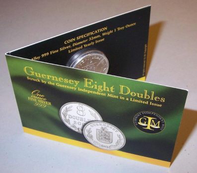 Picture of a 1 ounce silver Guernsey 8 Doubles 2003 carded version