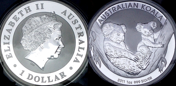 Image of a 1 ounce Australian 2011 carded silver Koala 1 Dollar from www.lainson.eu