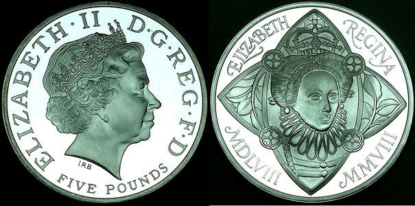 2008 British silver Crown featuring 450th anniversary of accession of Elizabeth 1 to the throne available from lainson.eu