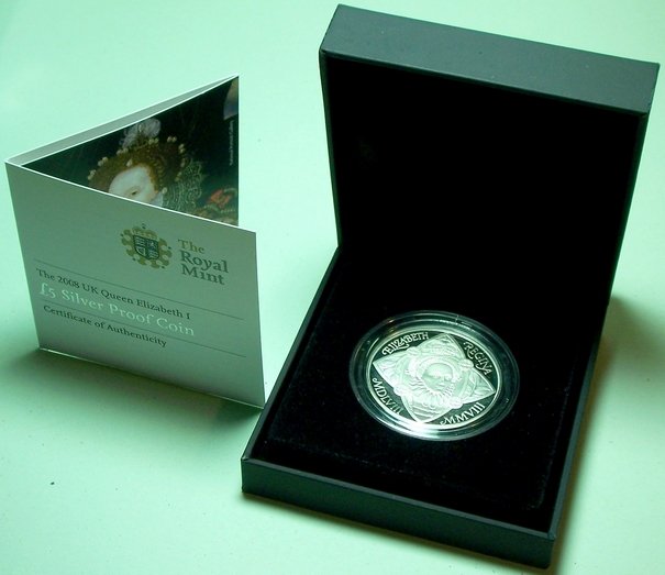 2008 British silver Crown featuring 450th anniversary of accession of Elizabeth 1 to the throne available from lainson.eu