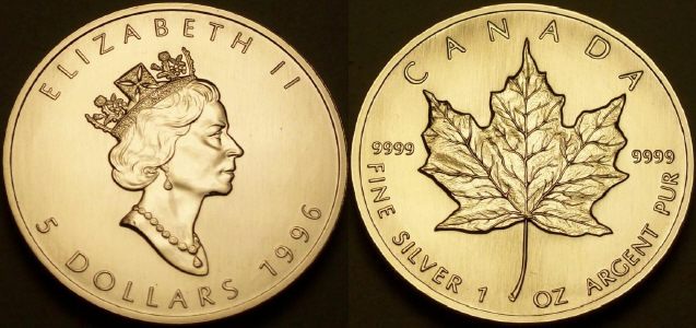 Picture of a 1 ounce Canadian 1996 silver Maple 5 Dollars.