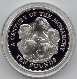 Coin image of reverse of a 5 ounce silver Guernsey Century of the Monarch �10 2000