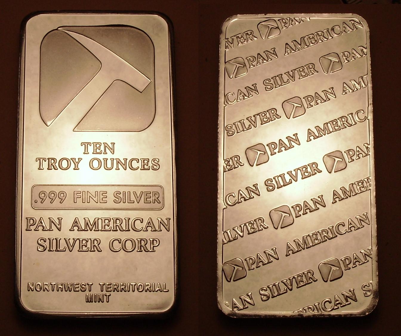 Ingot image of a 10 ounces solid .999 silver US NWT Pam-American bar