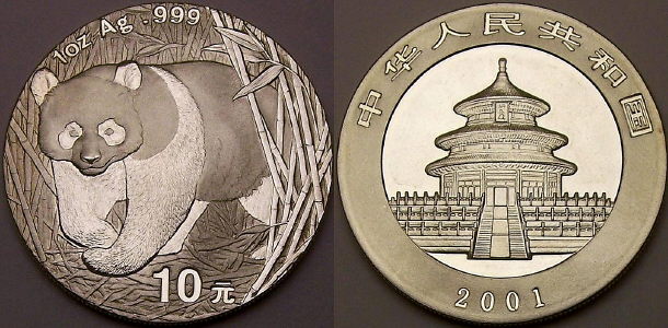 2001 1 ounce Chinese silver Panda coins available from www.lainson.eu