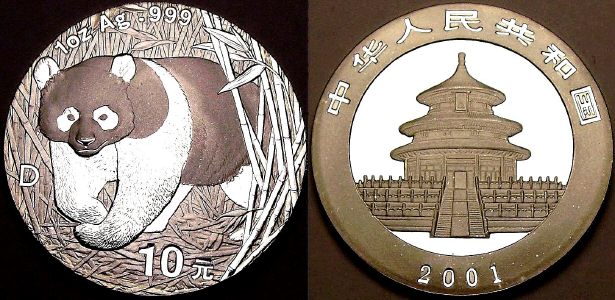 2001D 1 ounce Chinese silver Panda coins available from www.lainson.eu