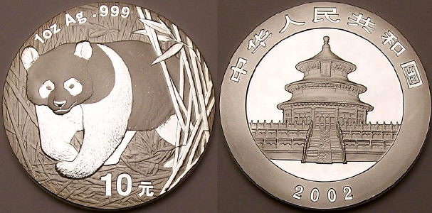 2002 1 ounce Chinese silver Panda coins available from www.lainson.eu
