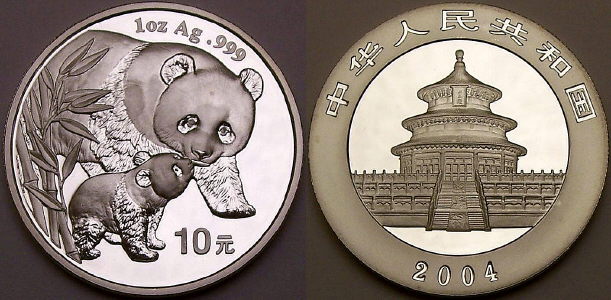 2004 1 ounce Chinese silver Panda coins available from www.lainson.eu