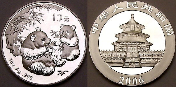 2006 1 ounce Chinese silver Panda coins available from www.lainson.eu