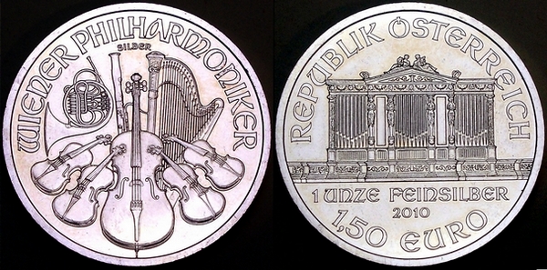 Picture of a 1 ounce Austrian silver philharmoniker 1.5 Euros 2010