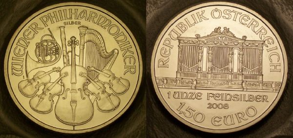 Picture of a 1 ounce Austrian silver philharmoniker 1.5 Euros 2008