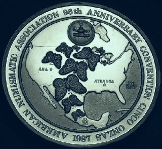 Ingot image of reverse of a 5 ounces silver Mexico American Munismatic Association medal 1987