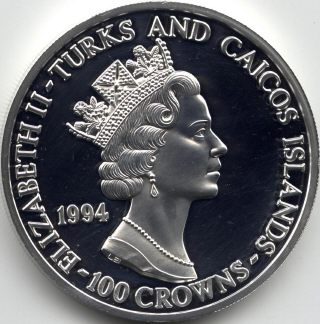 Coin image of obverse of a 5 ounces silver Turks and Caicos islands General Montgomery 50th anniversary d-day landings 100 crowns 1994