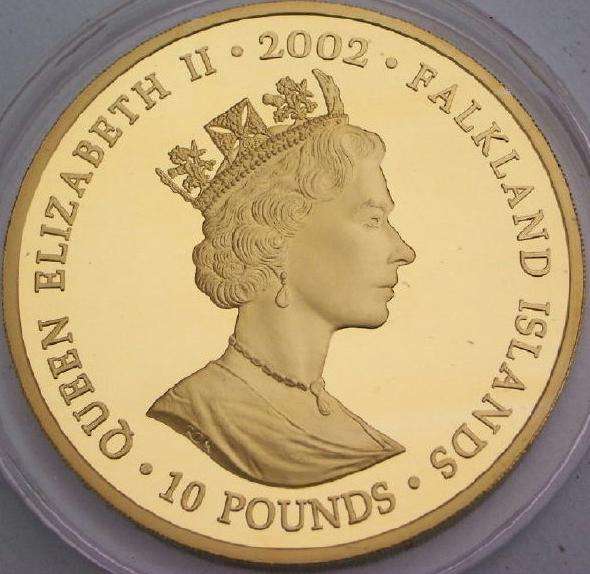 Coin image of obverse of a 5 ounce silver Falkland Islands Queens golden jubilee �10 2002