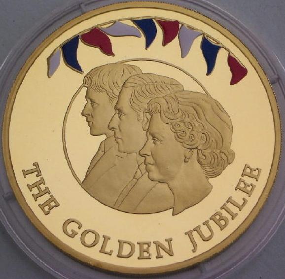 Coin image of reverse of a 5 ounce silver Falkland Islands Queens golden jubilee �10 2002