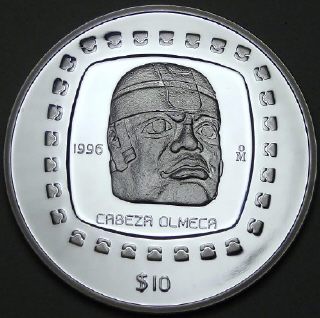 Coin image of obverse of a 5 ounces silver Mexico Olmeca $ 10 pesos 1996