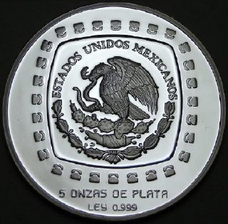 Coin image of reverse of a 5 ounces silver Mexico Olmeca $ 10 pesos 1996