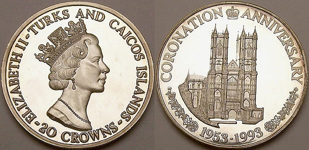 Picture of a Turks and Caicos 20 Crowns Westminster Abbey .999 silver coin from www.lainson.eu