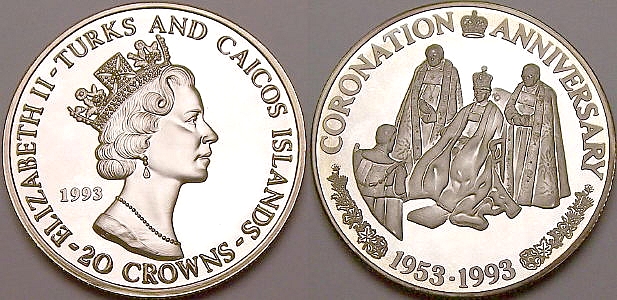 Picture of a Turks and Caicos 20 Crowns Consort's Homage .99 silver coin from www.lainson.eu