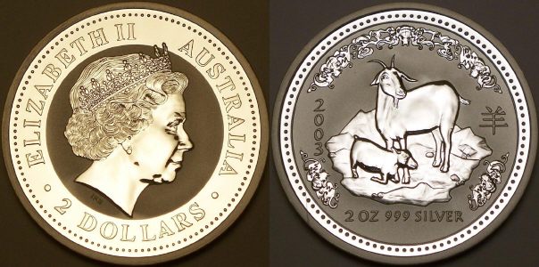 Picture of an Australian 2003 2 ounce silver 2 Dollar Lunar goat from ...